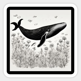 Whale in a Sea of Flowers - Black and White Illustration Sticker